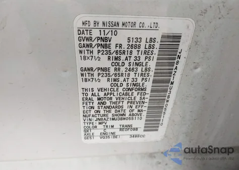 2011 Nissan Murano S из США, поврежденный, VIN JN8AZ1MU3BW055110